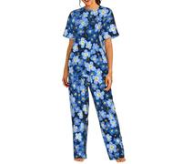 HYSDPUZK Forget Me Nots Print Pyjamas Set For Women, Short Sleeve Crew Neck Top And Pants With Pocket(S-3xl) Black