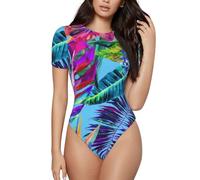 HYSDPUZK Pink Flower Tropical Plant Printed Short Sleeve Onesie For Women Sexy Tight Bodysuit Polyester Stretch Jumpsuit