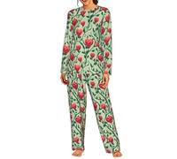 HYSDPUZK Rose Stem Curling Printed Women'S Pyjamas Set Long Sleeve Crew Neck Top And Pants Pjs Sets Ladies Soft Loungewear Sleepwear