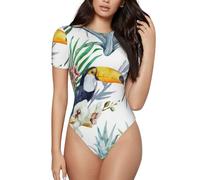 HYSDPUZK Tropical Leaves Bird Printed Short Sleeve Onesie For Women Sexy Tight Bodysuit Polyester Stretch Jumpsuit