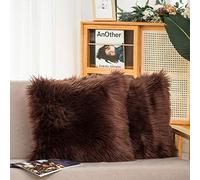 HYSEAS Set of 2 Decorative Faux Fur Throw Pillow Covers, Brown Fluffy Soft Fuzzy Square Cushion Cover Pillow Case for Sofa, Couch, Chair, Bed, Cafe, 20 x 20 Inches