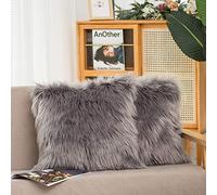 HYSEAS Set of 2 Decorative Faux Fur Throw Pillow Covers, Grey Fluffy Soft Fuzzy Square Cushion Cover Pillow Case for Sofa, Couch, Chair, Bed, Cafe, 18 x 18 Inches