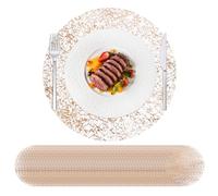 Hysenm 50 Pcs Disposable Champagne Placemats Set Metallic 13 Inch Round Table Doilies, Ultra-Thin Messy Lines Disposable Placement Mats for Home Decoration Dining Table Wedding Birthday Party