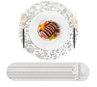 Hysenm 50 Pcs Disposable Silver Placemats Set Metallic 13 Inch Round Foil Mesh Pressed Table Doilies, Ultra-Thin Disposable Placement Mats for Home Decoration Dining Table Wedding Birthday Party