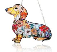 Hysenm Stained Glass Sun Catcher Window Decoration Hanging Dachshund Flowers Garden Decoration Handmade Suncatcher Decoration Hanging Indoor and Outdoor Window Party Festival
