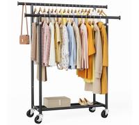 HYSEYY Heavy Duty Clothes Rail, Double Rods Clothes Rack with Storage Shelf | Rolling Clothing Rail with Lockable Wheels, Portable Clothing Rack for bedroom, Laundry Room, Metal Hanging Rails, Black