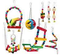 HYSHLC 10 Pcs Parrot Toys Set with Swing, Ladder, Bells, Ball, Natural Wooden Bird Cage Accessories for Parakeets, Cockatiels, Conures, Lovebirds, Budgies