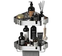 HYSHLC 2 Tiers Corner Shower Caddy, Self Adhesive Stainless Steel Bathroom Corner Shelves, 2 Installation Methods Wall Mounted Shower Organiser with Movable Hooks Towel Bar
