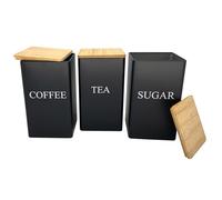 HYSHLC 3Pcs Square Tea Coffee Sugar Canisters, 1 Litre Canister Set with Bamboo Airtight Lid, Black Tinplate Storage Tins Jars for Kitchen Pantry Living Room Office