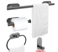 HYSHLC 4 Pcs Towel Bar and Toilet Roll Holder Set, Stainless Steel Bathroom Accessories, Self Adhesive Wall Mounted Towel Ring Set, Towel Rail Ring, Toilet Paper Holder, Hook for Bath, Shower,Black