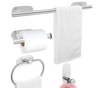 HYSHLC 4 Pcs Towel Bar and Toilet Roll Holder Set, Stainless Steel Bathroom Accessories, Self Adhesive Wall Mounted Towel Ring Set, Towel Rail Ring, Toilet Paper Holder, Hook for Bath, Shower, Kitchen