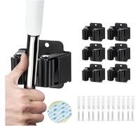 HYSHLC Black 6 Pack Broom Mop Holder Clip Hanger Stainless Steel Self Adhesive Wall Mounted Garden Tool Holder with Installation Screws for Kitchen Home Bathroom Closet Garden Garage