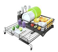 HYSHLC Expandable Dish Drying Rack, Dish Drainer with Cutlery Holder Drain Tray, Space-Saving Large Capacity Plate Rack for Kitchen Counter