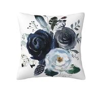 Hysing Throw Pillow Covers 18 x 18 Inch Watercolor Roses Peony Leaves Boho Grey Navy White Indigo Blue Floral Linen Square Pillow Cases Decorative Cushion Cover for Sofa Bedroom Living Room