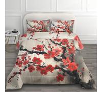 HYSNKSM Red Single Duvet 7.5 Tog Reversible Coverless Duvet All Seasons with Japan Flower Branches Printed, Lightweight Soft Comforter Set with 2 Pillowcase, Machine Washable e.56