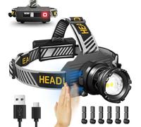 Hyted Head Torch Rechargeable,5000LM Super Bright Zoomable 6 Modes LED Headtorch with Red Warning Light, Motion Sensor, USB Rechargeable Waterproof, Adjustable Headlamp for Camping Running Fishing
