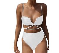 HYTENSUN Women's V Wired High Waisted Bikini Ruched High Cut Two Pieces Swimsuit Bathing Suits, 160 White, XL