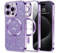 Hython for iPhone 15 Pro Max Case Glitter, Compatible with MagSafe Love Heart Magnetic Clear Phone Cases for Women Girls, Full Camera Protection Sparkle Shockproof Protective Cover, Shiny Deep Purple
