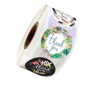 HYTROVE 1 Roll 500pcs Thank You Words Stickers with Flower Pattern, Self-Adhesive Copper Plate Stickers, Strong Adhesiveness and Easy to Tear, for Baking and Party Decoration