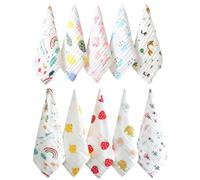 HYTROVE 10pcs Pure Cotton Drool Towels Washcloths 6-Layer Bubble Gauze Soft Absorbent Easy to Wash and Dry Cute Cartoon Patterns for Newborn Bath Time Assorted Style
