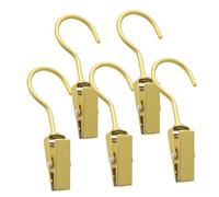 HYTROVE 5pcs Portable Aluminium Alloy Clothes Pins with Hooks for Hat and Curtain Hanging, Compact and Lightweight Laundry Clips in Golden Colour for Home and Kitchen Organisation