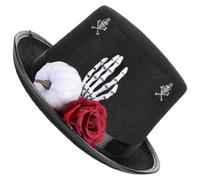HYTROVE Black Victorian Top Hat with Skeleton Hand and Red Rose, Felt Material Comfortable All-night Party Headwear for Day the Dead Celebration and Halloween Cosplay Costume