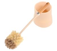 HYTROVE Home Toilet Brush Set with Base Featuring Wooden Long Handle and Plastic Material, Effective for Removing Stubborn Stains and Cleaning Corners, for Office and Bathroom Use in Beige