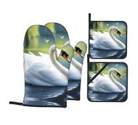 HYTTER Beautiful White Swan Picture Oven Mitts and Pot Holders Sets for Kitchen Baking - Insulated, Thick, Durable, and Anti-Scalding