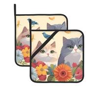 HYTTER Funny Cats Birds and Flowers Printed Square Insulated Pot Holder Set of 2 8x8 in Anti-scalding and Heat-Insulating Waterproof