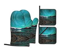 HYTTER Green Aurora Borealis Picture Oven Mitts and Pot Holders Sets for Kitchen Baking - Insulated, Thick, Durable, and Anti-Scalding