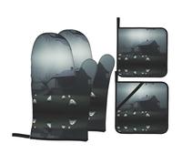 HYTTER Haunted Mansion Picture Oven Mitts and Pot Holders Sets for Kitchen Baking - Insulated, Thick, Durable, and Anti-Scalding