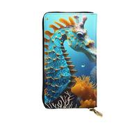 HYTTER Leather Wallet - Stylish and Durable Wallet for Women with Multiple Compartments and Zipper Design Blue Seahorse Pattern, Black, One Size