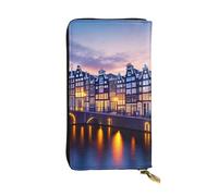 HYTTER Leather Wallet - Stylish and Durable Wallet for Women with Multiple Compartments and Zipper Design Amsterdam Night View Pattern, Black, One Size