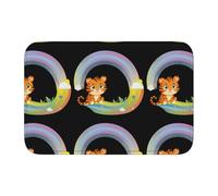 HYTTER Little Tiger Sitting on a Rainbow Printed Crystal Velvet Lock Edge Floor mat, Bedroom Carpet, Parlor, Dormitory Home Decoration