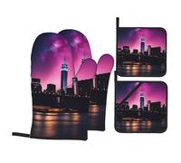 HYTTER New York Night Sky Picture Oven Mitts and Pot Holders Sets for Kitchen Baking - Insulated, Thick, Durable, and Anti-Scalding
