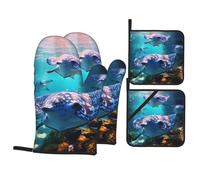 HYTTER Sea Animals Stingrays Picture Oven Mitts and Pot Holders Sets for Kitchen Baking - Insulated, Thick, Durable, and Anti-Scalding