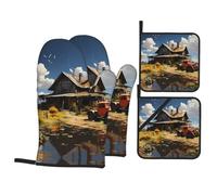 HYTTER Texas Farm Tractor Picture Oven Mitts and Pot Holders Sets for Kitchen Baking - Insulated, Thick, Durable, and Anti-Scalding