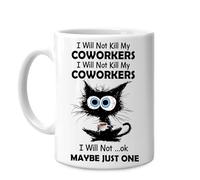 Hyturtle Black Cat Coffee I Will Not Kill My Coworkers 11oz White Ceramic Coffee Tea Mug, Gifts For Cat Lovers, Coffee Lovers, On Birthday, Holiday