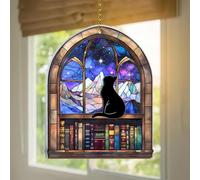 Hyturtle Book Lovers Suncatcher Ornament 2025 - Black Cat Window Hanging, Book Themed Christmas Tree Decoration, Librarian Gift, Book Club Ornament, Unique Bookish Keepsake for Readers, 5"