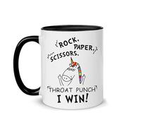 Hyturtle Funny Unicorn Mug - Rock Paper Scissors Throat Punch I Win - Sarcastic Gag Gift for Coworkers, Friends, Adults - 11oz Two Tone Ceramic Coffee Cup