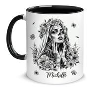 Hyturtle Personalized Sugar Skull Mug - Gothic Skull Gifts For Women - Mothers Day Gift For Lovers - Day of the Dead Present Decor On Halloween - Custom Name Black Coffee Cup Ceramic Mug 11 oz 15 oz