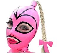HYUARB Latex Hood Women Gummi Rubber Full Cover Mask Big Eyes Pink and Black Strips with Single Ponytail Wigs Latex Mask (No Wigs, M)