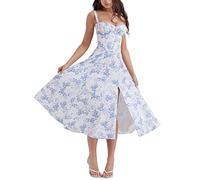 HYueaph Women's Summer Floral Sleeveless Strappy Tie Dress, Thigh-high Slit, Casual Maxi Dress, M