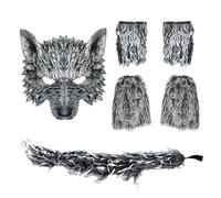 Hyuetrsa 6 Piece Werewolf Costume Wolf Costume Accessory Set Includes Wolf Mask with Wolf Tail and Gloves, Halloween Costume for Women, Men, Parties, Carnival and Gift, Grey