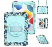 HYUKcase Case for iPad 9/8/7(10.2-Inch, 2021/2020/2019 Model, 9th/8th/7th Generation),2-in-1 PC+Silicone with Screen Protector, Shoulder Strap, Pearl Bag & Pen Holder (Blue Camouflage)
