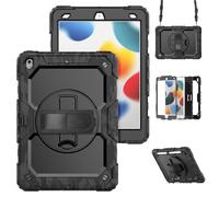 HYUKcase Case for iPad 9/8/7(10.2-Inch, 2021/2020/2019 Model, 9th/8th/7th Generation),2-in-1 PC+Silicone with Screen Protector, Shoulder Strap, Pearl Bag & Pen Holder (Black Camouflage)