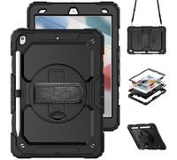 HYUKcase Case for iPad 9/8/7(10.2-Inch, 2021/2020/2019 Model, 9th/8th/7th Generation),2-in-1 PC+Silicone with Screen Protector, Shoulder Strap, Pearl Bag & Pen Holder (Black)