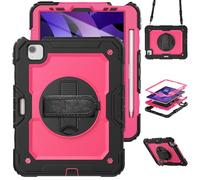 HYUKcase Case for iPad Air 5th/4th 10.9-inch (2022/2020),2-in-1 PC+Silicone with Screen Protector, Shoulder Strap, Pearl Bag & Pen Holder (Rose Red PC)