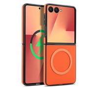 HYUKcase Case for Samsung Z Flip 5,Carbon Fiber Texture Leather Phone Case,Metal Magnetic Ring,Wireless Charging Compatible,Microfiber Lining.Carbon Orange