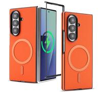 HYUKcase Case for Samsung Z Fold 6,Carbon Fiber Texture Leather Phone Case,Metal Magnetic Ring,Wireless Charging Compatible,Microfiber Lining.Carbon Orange